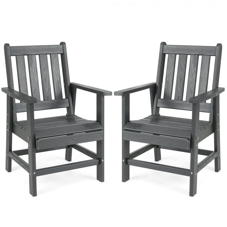 Set of 2 gray patio dining chairs with wide armrests, constructed from HDPE for durability and comfort.