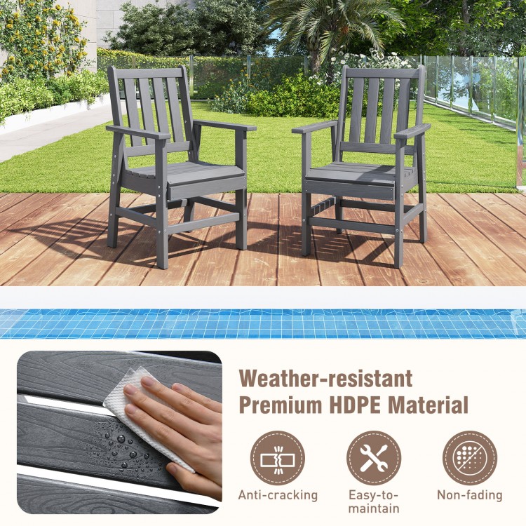 Set of 2 gray patio dining chairs with wide armrests, made of weather-resistant HDPE material for outdoor use.