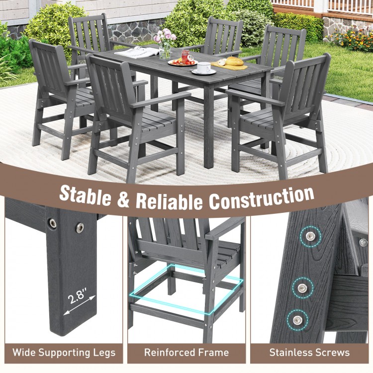 Set of 2 gray patio dining chairs with wide armrests, made of HDPE, featuring a slatted seat and reinforced frame.