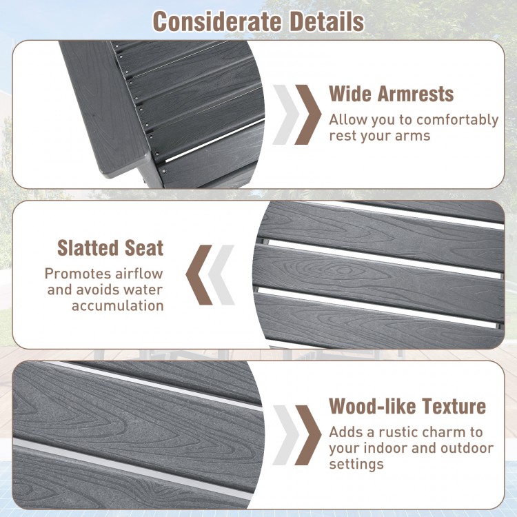 Wide armrests and slatted seat of gray patio dining chairs enhance comfort and airflow for outdoor relaxation.