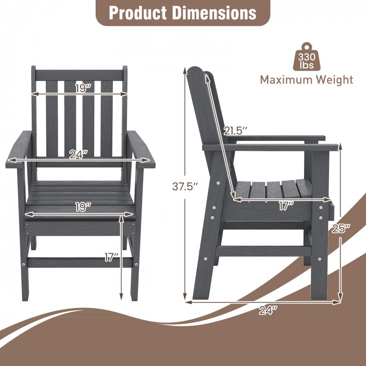 Patio dining chair dimensions showing gray HDPE construction, wide armrests, and slatted seat for outdoor comfort.