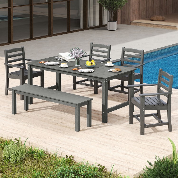 Gray HDPE patio dining chairs set with wide armrests, ideal for outdoor dining and relaxation by the pool.