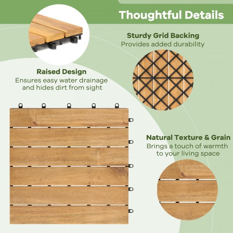 Interlocking acacia wood patio tiles with raised design and natural grain, ideal for outdoor spaces and easy drainage.