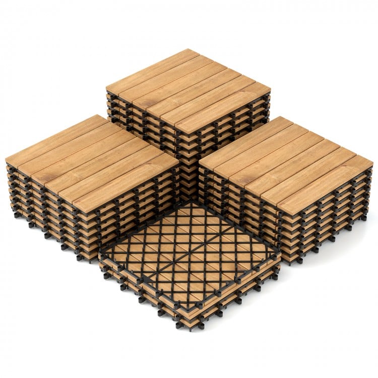 30 acacia wood interlocking deck tiles with straight slats, ideal for patios and outdoor spaces, showcasing natural.