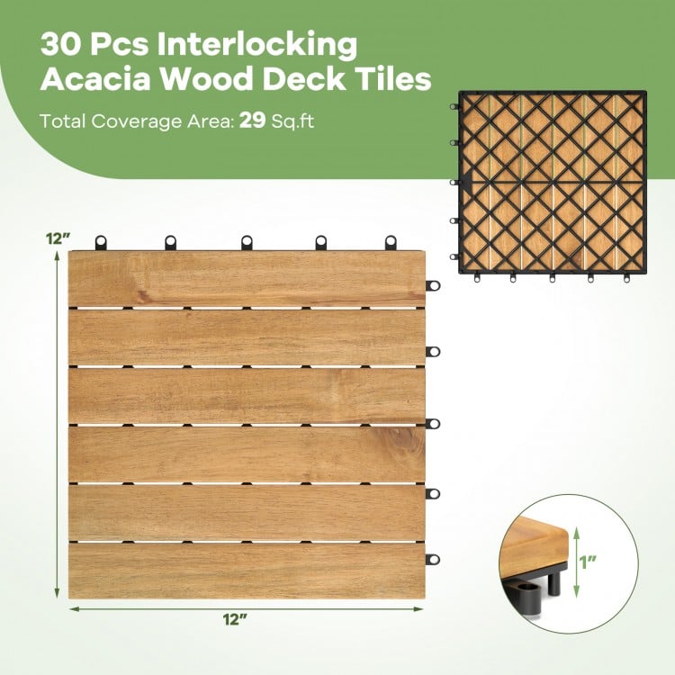 Interlocking acacia wood deck tiles in natural finish, 12x12 inches, ideal for patios and outdoor spaces.