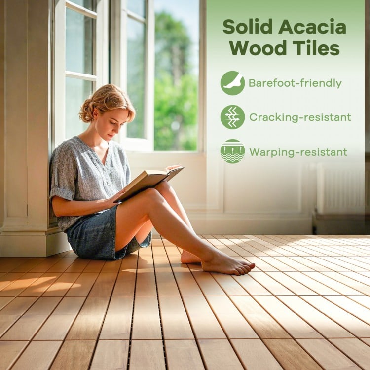 Solid acacia wood deck tiles in a natural finish, showcasing a barefoot-friendly design for patios and balconies.