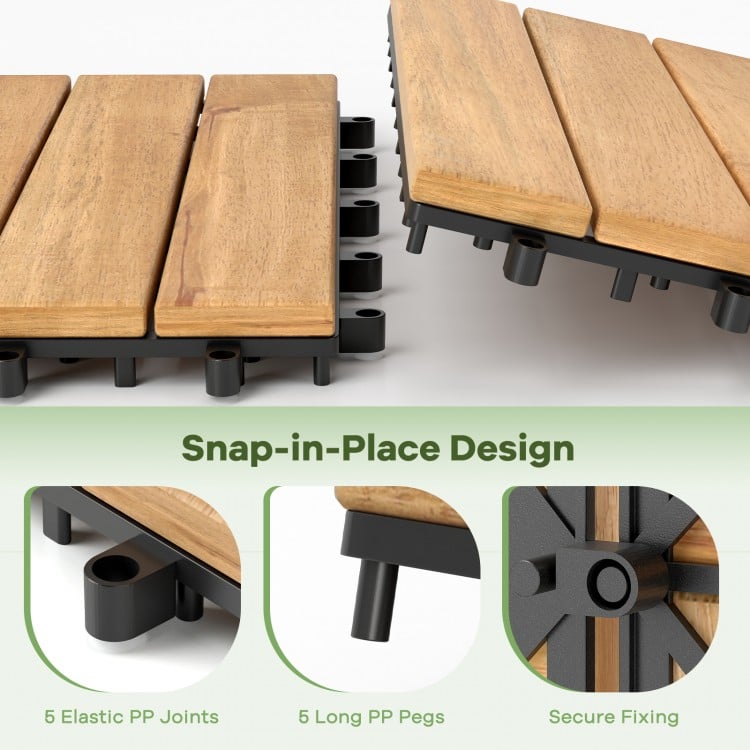 Close-up of interlocking deck tiles showing acacia wood slats and snap-in-place design for easy installation and.