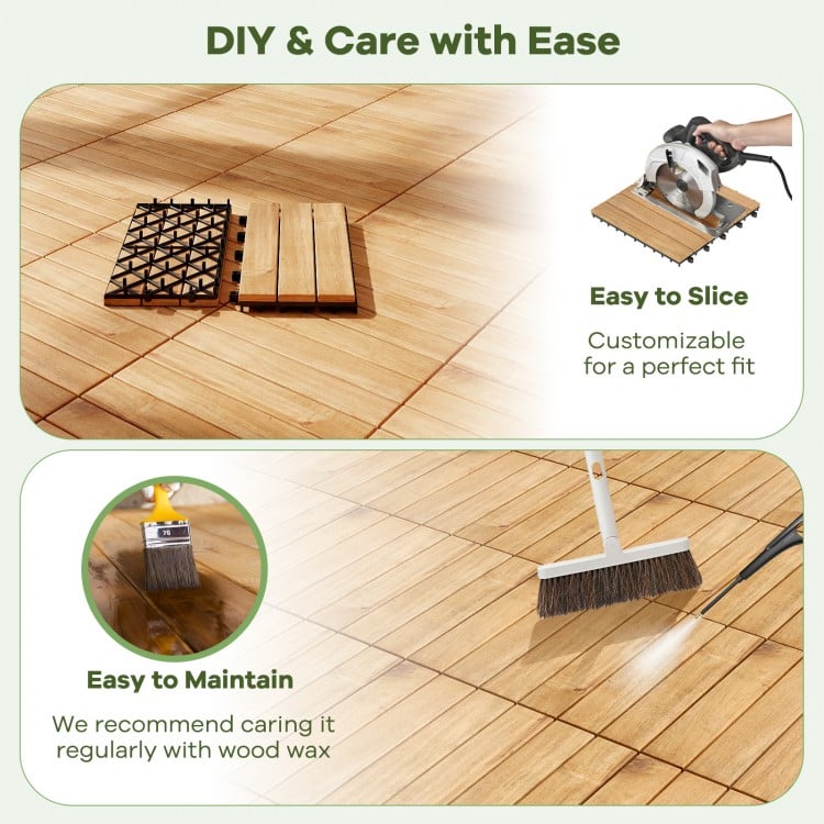 Interlocking acacia wood deck tiles in natural finish, easy to slice and maintain, ideal for patios and outdoor spaces.