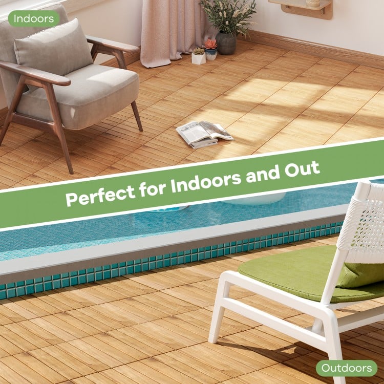 Interlocking acacia wood deck tiles in natural finish, ideal for patios and balconies, showcasing anti-slip surface and.