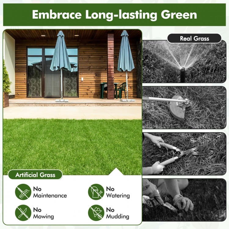 Interlocking artificial grass tiles showcasing lush, maintenance-free green surface, ideal for indoor and outdoor use.