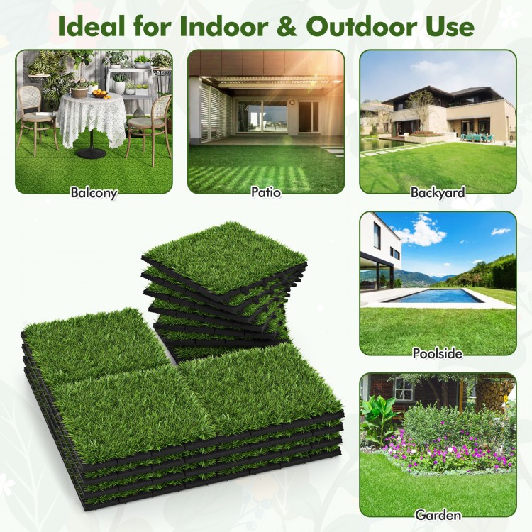Interlocking artificial grass tiles showcasing lush green texture, perfect for patios, balconies, and gardens.