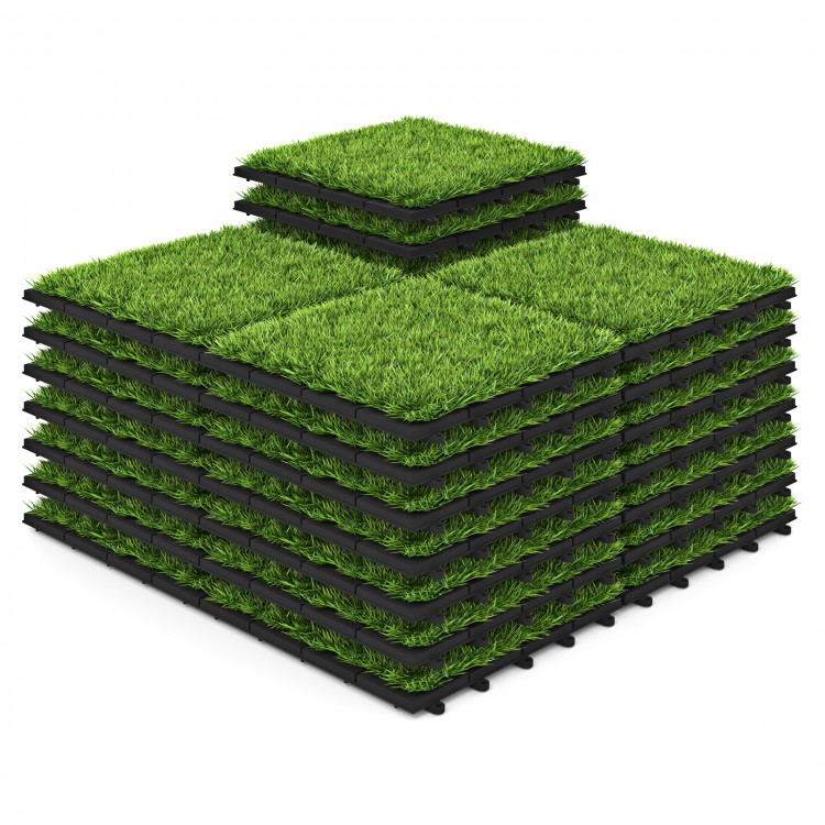 Stack of 30 interlocking artificial grass tiles featuring thick, lush synthetic grass for indoor and outdoor use.