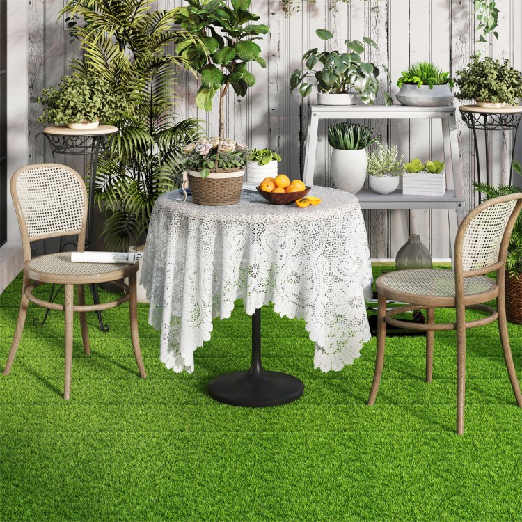 Interlocking artificial grass tiles in a lush green setting, perfect for indoor and outdoor use with a realistic.