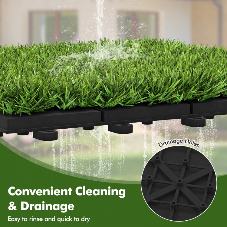 Interlocking artificial grass tiles with drainage holes, featuring lush green texture for easy cleaning and outdoor use.