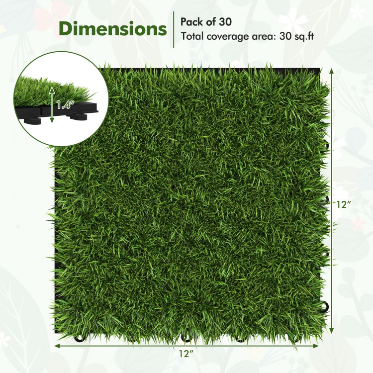 Interlocking artificial grass tile showing lush green texture, 12" x 12", ideal for indoor and outdoor use, pack of 30.