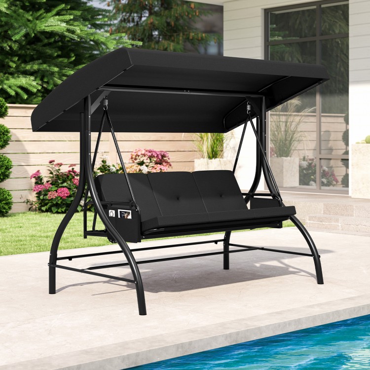 Black 3-piece patio swing with adjustable canopy and removable cushions, perfect for poolside relaxation.