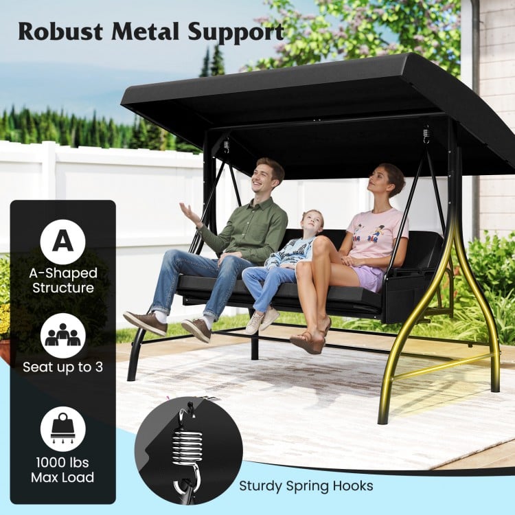 3-piece black patio swing with adjustable canopy, removable cushions, and sturdy metal support for backyard relaxation.