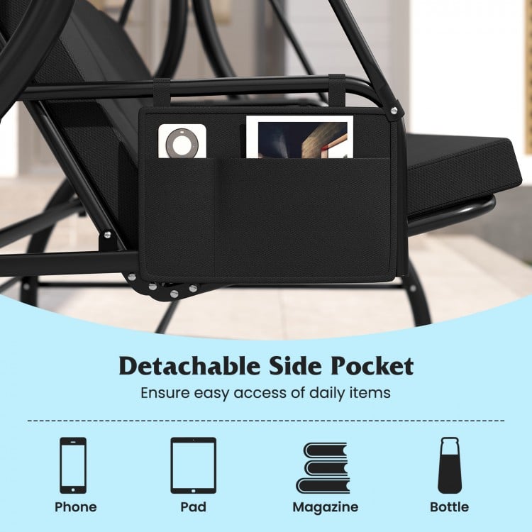 Detachable side pocket of a black 3-piece patio swing for easy access to daily items like magazines and bottles.