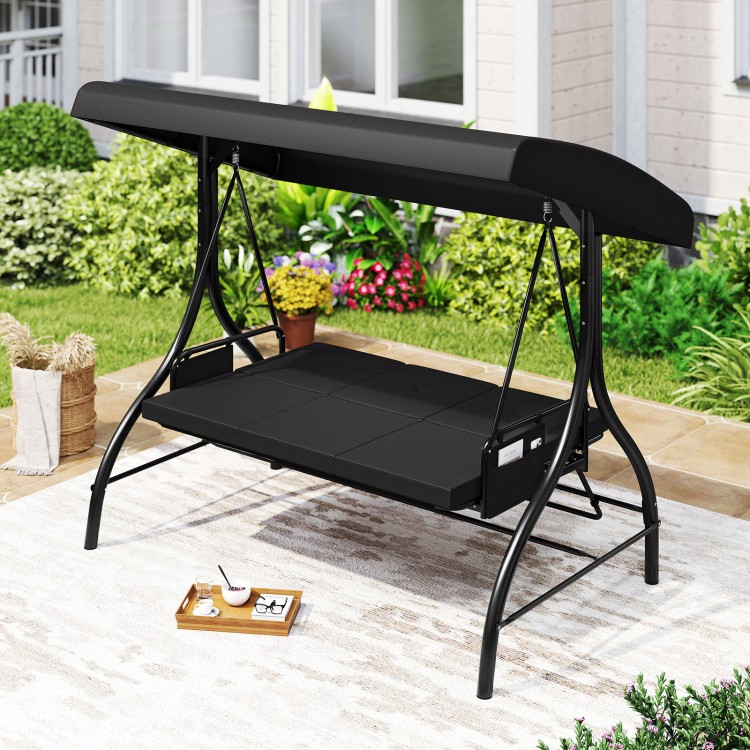 3-piece black patio swing with adjustable canopy and removable cushions, perfect for backyard relaxation.