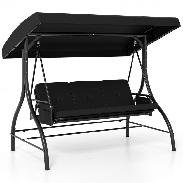 Black 3-piece patio swing with adjustable canopy and removable cushions, perfect for backyard relaxation.