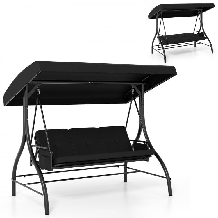3-piece black patio swing with adjustable canopy, removable cushions, and side pockets, perfect for backyard relaxation.