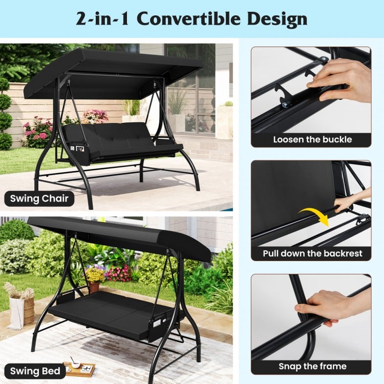 3-piece patio swing with adjustable canopy, removable black cushions, and side pockets for backyard relaxation.