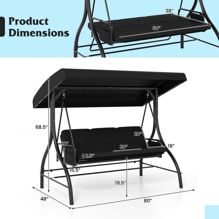 Dimensions of the 3-piece black patio swing with adjustable canopy and removable cushions, suitable for outdoor.