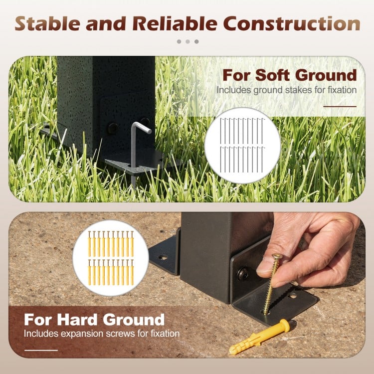 Detail of wall-mounted gazebo construction showing ground stakes for soft ground and expansion screws for hard ground.