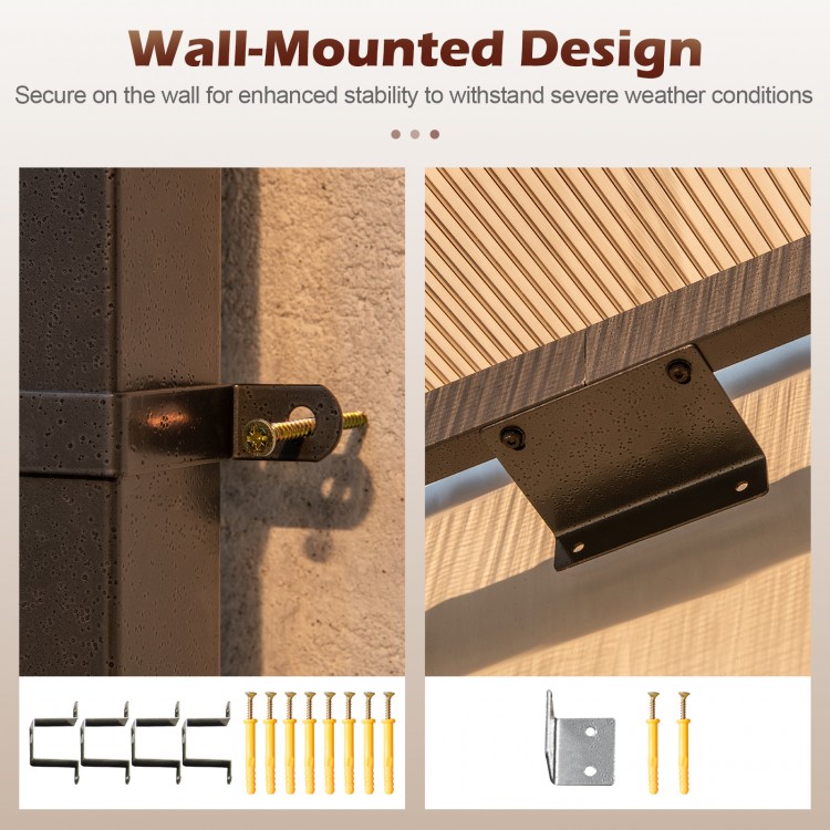 Close-up of wall-mounted bracket for the black wall-mounted patio gazebo, featuring durable metal construction and.