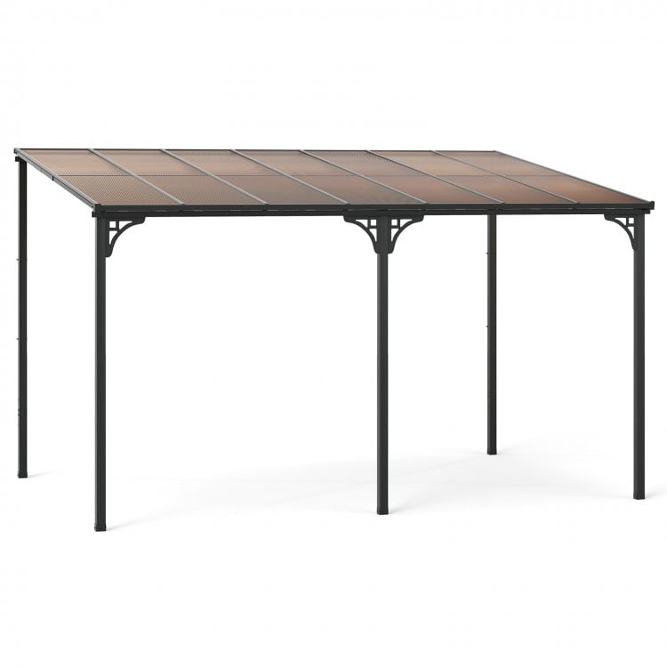 Large wall-mounted patio gazebo with a sloped polycarbonate roof and sturdy black metal frame for outdoor protection.