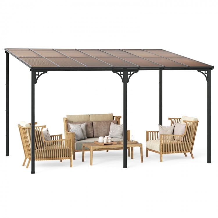 Large wall-mounted patio gazebo with a sloped polycarbonate roof, supported by a sturdy black metal frame for outdoor.