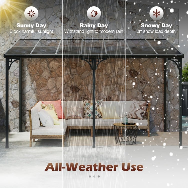 Wall-mounted patio gazebo with sloped polycarbonate roof, designed for all-weather use, featuring a sturdy black metal.