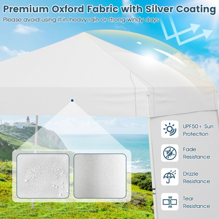 Pop up canopy tent with silver-coated Oxford fabric, offering UPF50+ sun protection and fade resistance for outdoor.