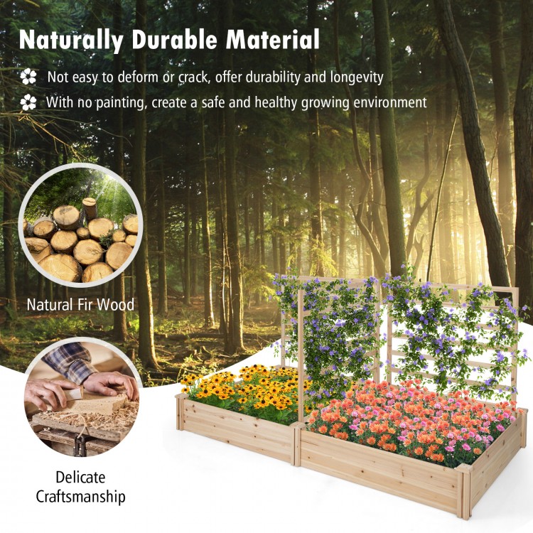 Raised garden bed with two planter boxes and three trellises made of natural fir wood for durable outdoor planting.
