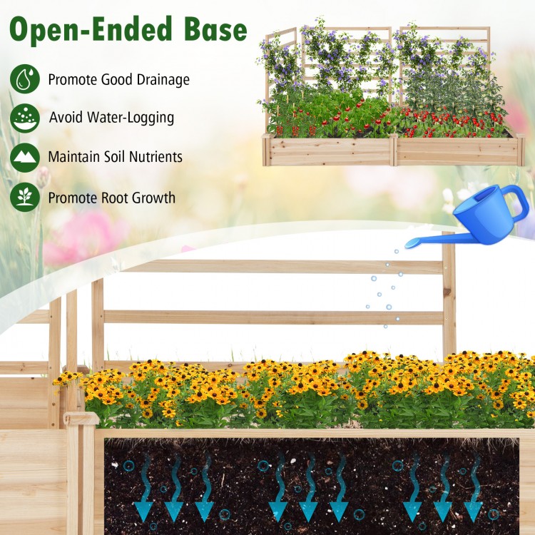 Raised garden bed with two planter boxes and three trellises, made of natural fir wood for diverse plant growth.
