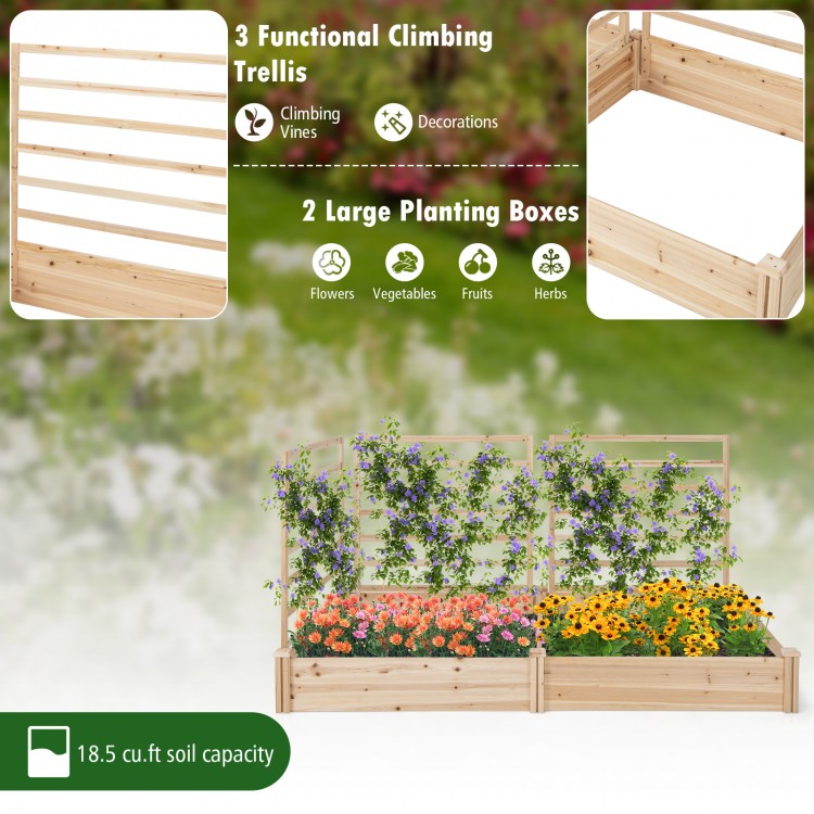Raised garden bed featuring 2 planter boxes and 3 trellises made of durable natural fir wood for growing flowers and.