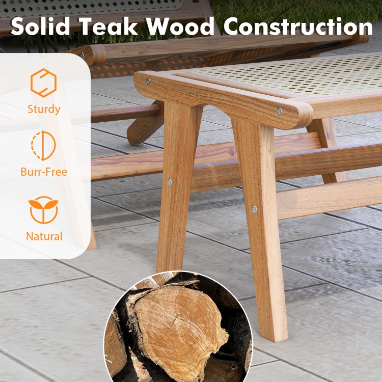Natural teak wooden foot rest featuring a handwoven rattan surface, sturdy construction, and smooth round edges.