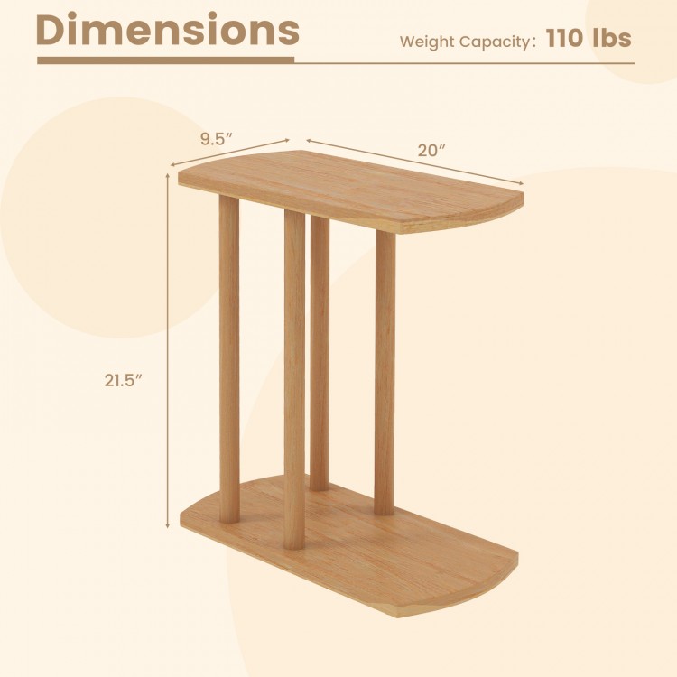 Narrow C-shaped teak wood side table with two tiers, dimensions 20" x 9.5" x 21.5", ideal for space-saving use.