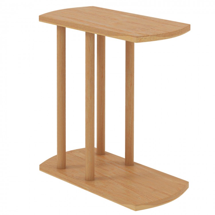 Narrow C-shaped teak wood side table with thickened top, sturdy base, and two tiers for space-saving storage.
