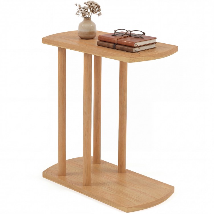 Narrow C-shaped teak wood side table with thickened top, featuring a 2-tier design for space-saving use beside.