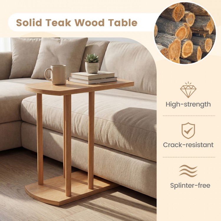 Narrow C-shaped teak wood side table with thickened top, sturdy base, and 2-tier design for space-saving use.