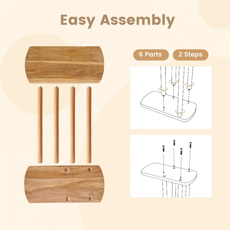 Narrow 2-tier C-shaped teak wood side table assembly guide showing 6 parts and 2 simple steps for easy setup.