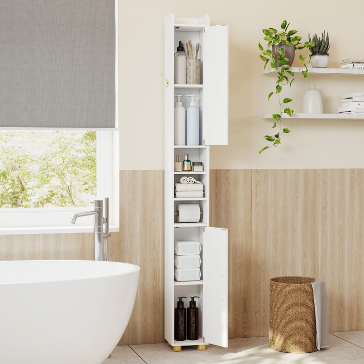 Narrow bathroom storage cabinet showcasing adjustable shelves, a convenient metal hook, and elegant gold handles for.