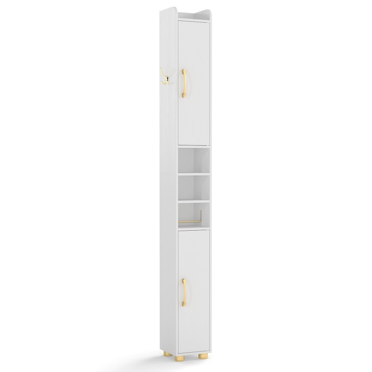 Narrow white bathroom storage cabinet featuring a stylish metal hook and removable toilet paper holder for versatile.