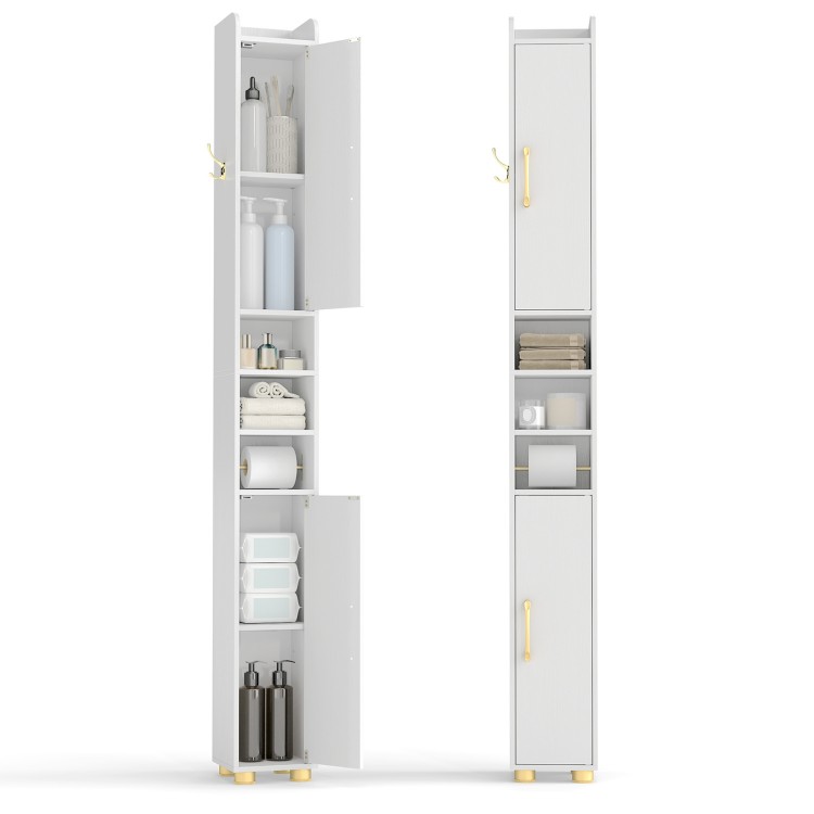 Narrow white bathroom storage cabinet with open shelves, adjustable shelves, and gold handles for efficient.