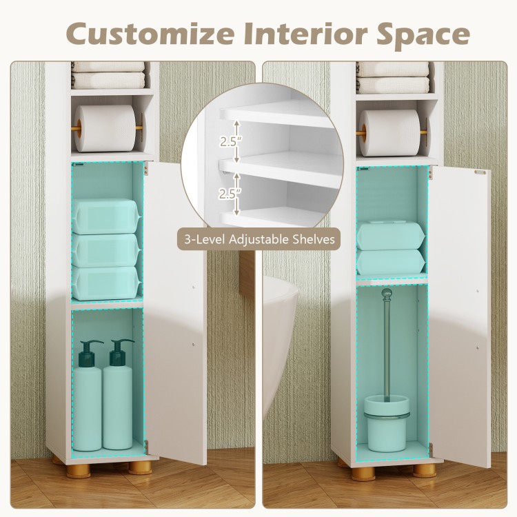 Narrow bathroom storage cabinet with adjustable shelves, open storage, and toilet paper holder for efficient.