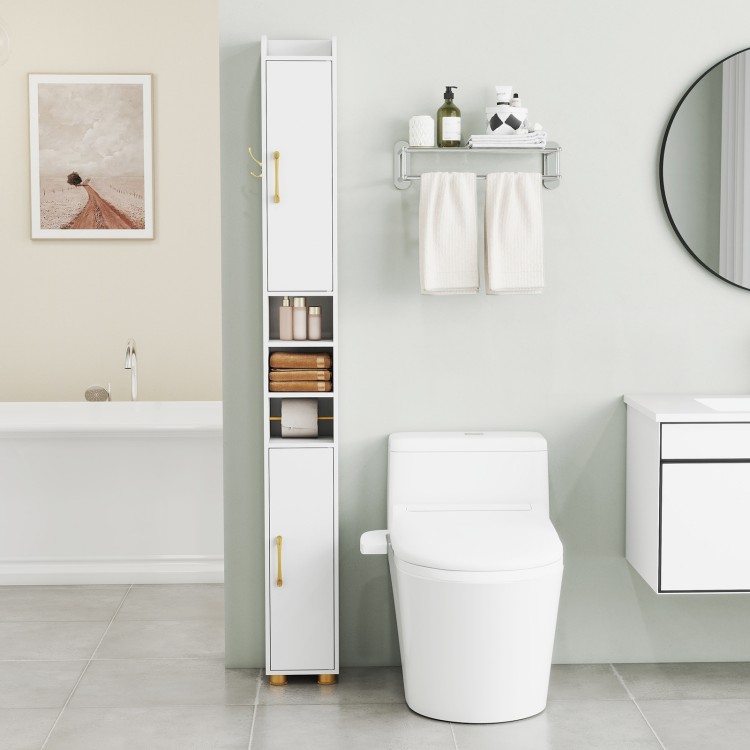 Narrow bathroom storage cabinet in white with open shelves, closed cabinets, and gold handles for efficient.