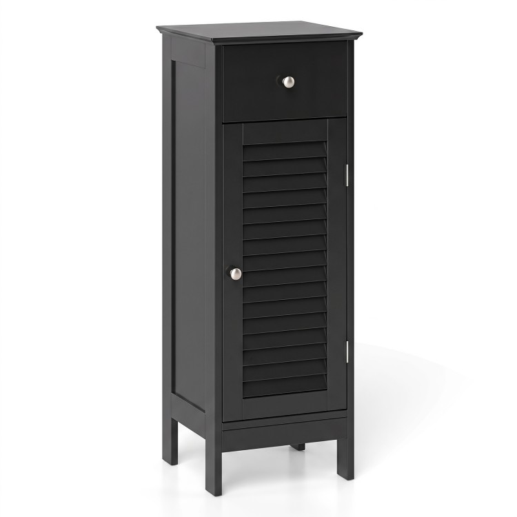 Narrow black bathroom storage cabinet featuring a louvered door, adjustable shelf, and deep drawer for organized essentials.