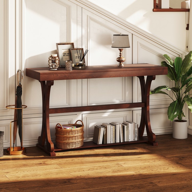 Narrow walnut console table with vintage curved legs and open storage shelf, ideal for entryways and living rooms.