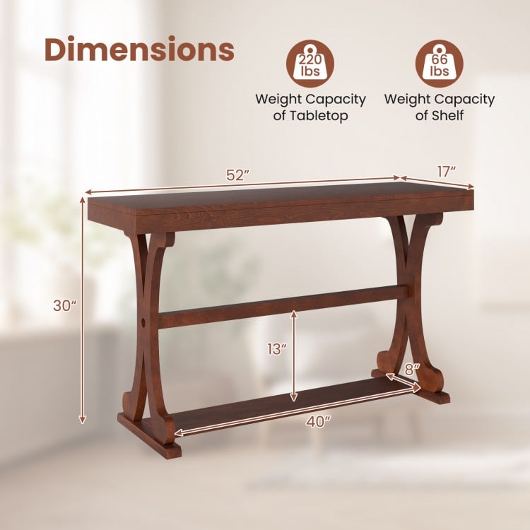 Narrow vintage console table with open storage shelf, walnut finish, 52 inches long, ideal for entryways and living.